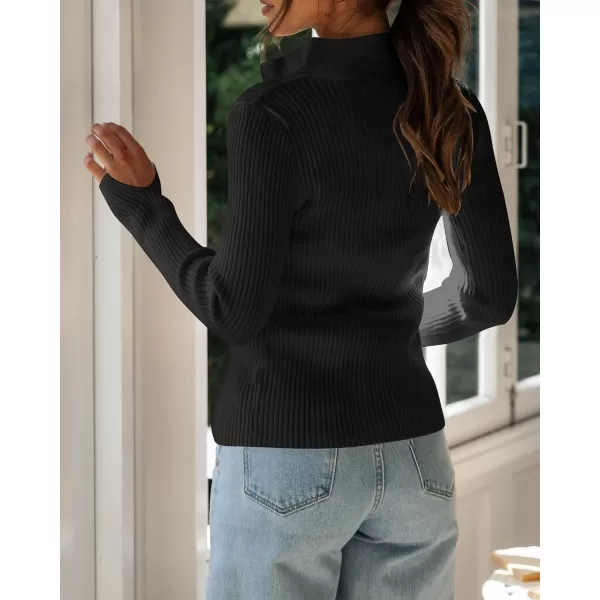 imageZESICA Womens Zip Up Sweater 2023 Long Sleeve V Neck Shirt Fall Ribbed Knit Slim Fitted Casual TopsBlack