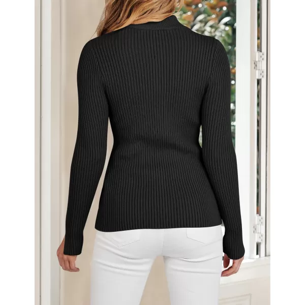 imageZESICA Womens Zip Up Sweater 2023 Long Sleeve V Neck Shirt Fall Ribbed Knit Slim Fitted Casual TopsBlack