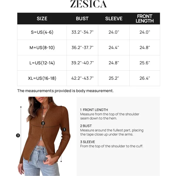 imageZESICA Womens Zip Up Sweater 2023 Long Sleeve V Neck Shirt Fall Ribbed Knit Slim Fitted Casual TopsCaramel