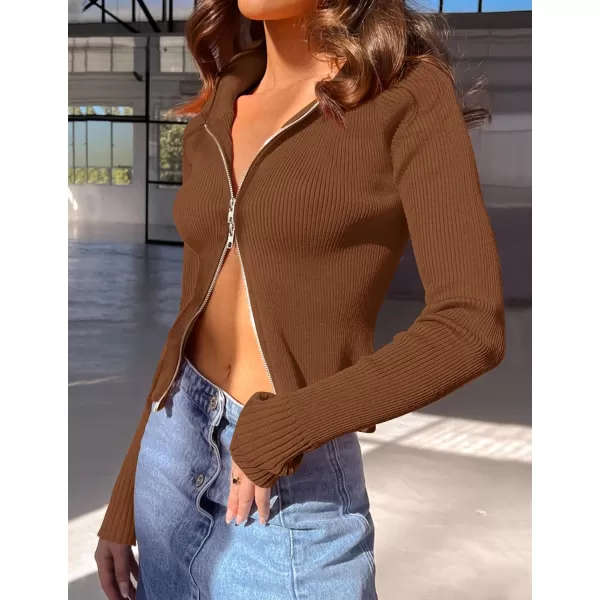 imageZESICA Womens Zip Up Sweater 2023 Long Sleeve V Neck Shirt Fall Ribbed Knit Slim Fitted Casual TopsCaramel