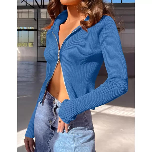 imageZESICA Womens Zip Up Sweater 2023 Long Sleeve V Neck Shirt Fall Ribbed Knit Slim Fitted Casual TopsCobalt