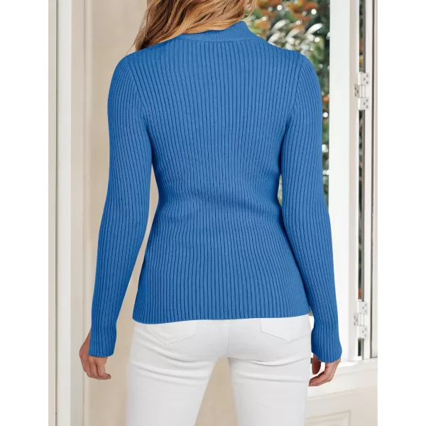imageZESICA Womens Zip Up Sweater 2023 Long Sleeve V Neck Shirt Fall Ribbed Knit Slim Fitted Casual TopsCobalt