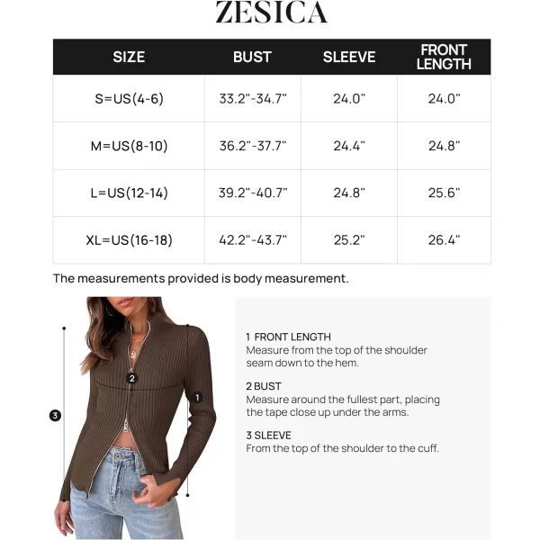 imageZESICA Womens Zip Up Sweater 2023 Long Sleeve V Neck Shirt Fall Ribbed Knit Slim Fitted Casual TopsCoffee