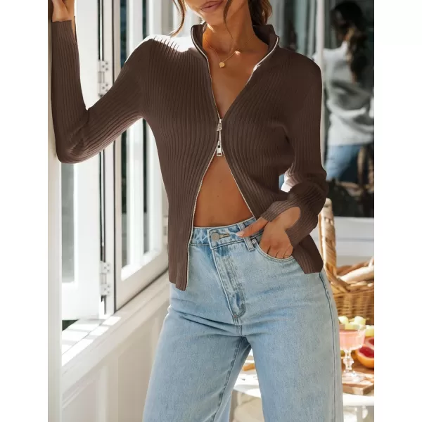 imageZESICA Womens Zip Up Sweater 2023 Long Sleeve V Neck Shirt Fall Ribbed Knit Slim Fitted Casual TopsCoffee