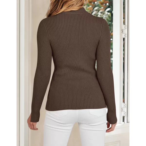imageZESICA Womens Zip Up Sweater 2023 Long Sleeve V Neck Shirt Fall Ribbed Knit Slim Fitted Casual TopsCoffee