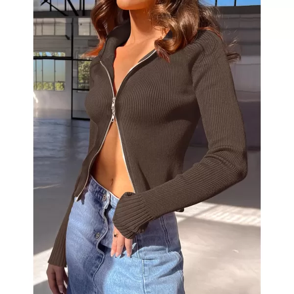 imageZESICA Womens Zip Up Sweater 2023 Long Sleeve V Neck Shirt Fall Ribbed Knit Slim Fitted Casual TopsCoffee