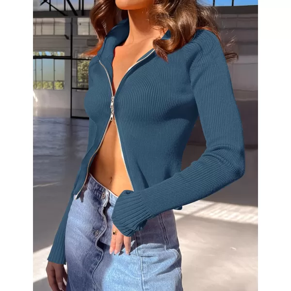 imageZESICA Womens Zip Up Sweater 2023 Long Sleeve V Neck Shirt Fall Ribbed Knit Slim Fitted Casual TopsDarkblue