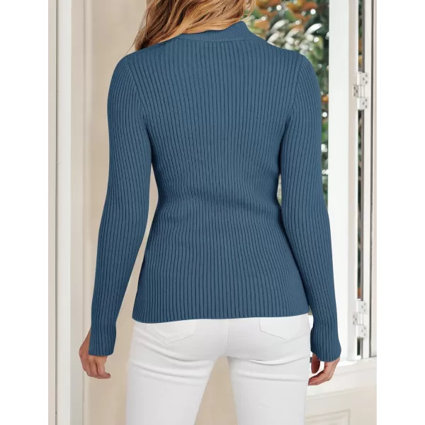 imageZESICA Womens Zip Up Sweater 2023 Long Sleeve V Neck Shirt Fall Ribbed Knit Slim Fitted Casual TopsDarkblue