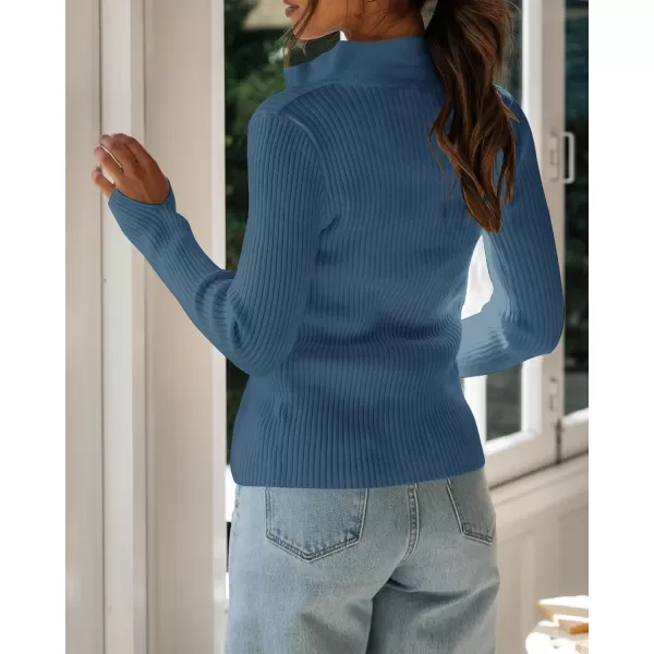imageZESICA Womens Zip Up Sweater 2023 Long Sleeve V Neck Shirt Fall Ribbed Knit Slim Fitted Casual TopsDarkblue