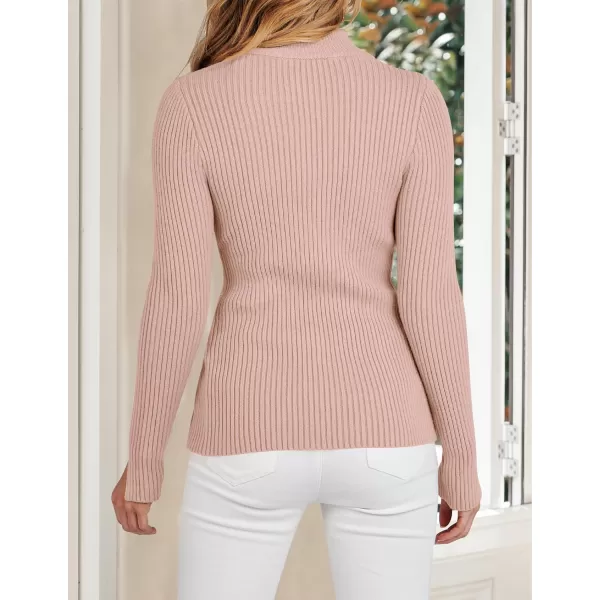 imageZESICA Womens Zip Up Sweater 2023 Long Sleeve V Neck Shirt Fall Ribbed Knit Slim Fitted Casual TopsDustypink