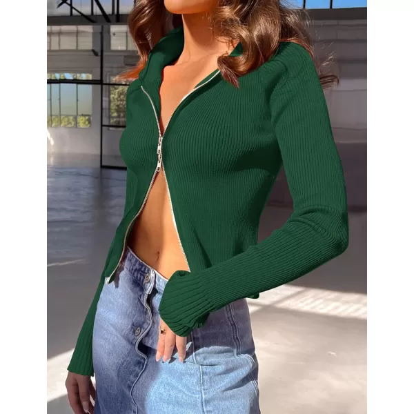 imageZESICA Womens Zip Up Sweater 2023 Long Sleeve V Neck Shirt Fall Ribbed Knit Slim Fitted Casual TopsGreen