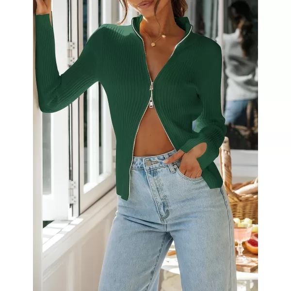 imageZESICA Womens Zip Up Sweater 2023 Long Sleeve V Neck Shirt Fall Ribbed Knit Slim Fitted Casual TopsGreen