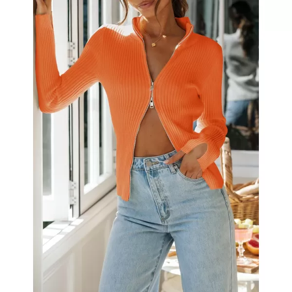 imageZESICA Womens Zip Up Sweater 2023 Long Sleeve V Neck Shirt Fall Ribbed Knit Slim Fitted Casual TopsOrange