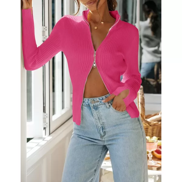imageZESICA Womens Zip Up Sweater 2023 Long Sleeve V Neck Shirt Fall Ribbed Knit Slim Fitted Casual TopsRose