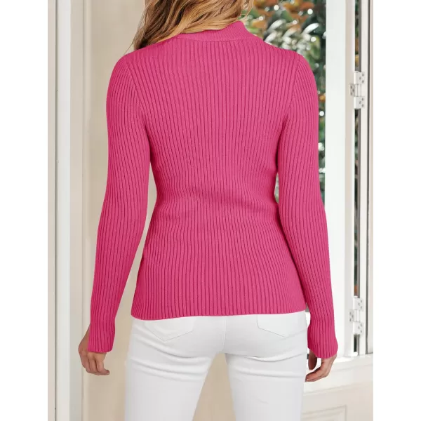 imageZESICA Womens Zip Up Sweater 2023 Long Sleeve V Neck Shirt Fall Ribbed Knit Slim Fitted Casual TopsRose