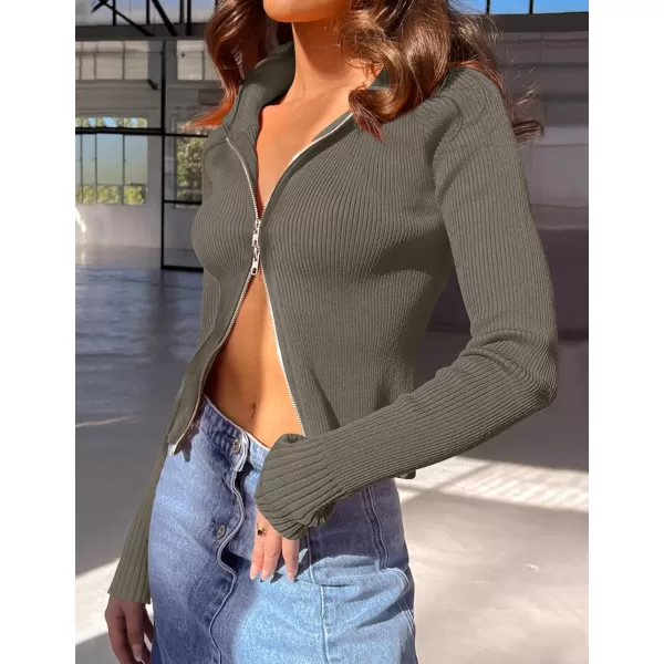imageZESICA Womens Zip Up Sweater 2023 Long Sleeve V Neck Shirt Fall Ribbed Knit Slim Fitted Casual TopsTaupe