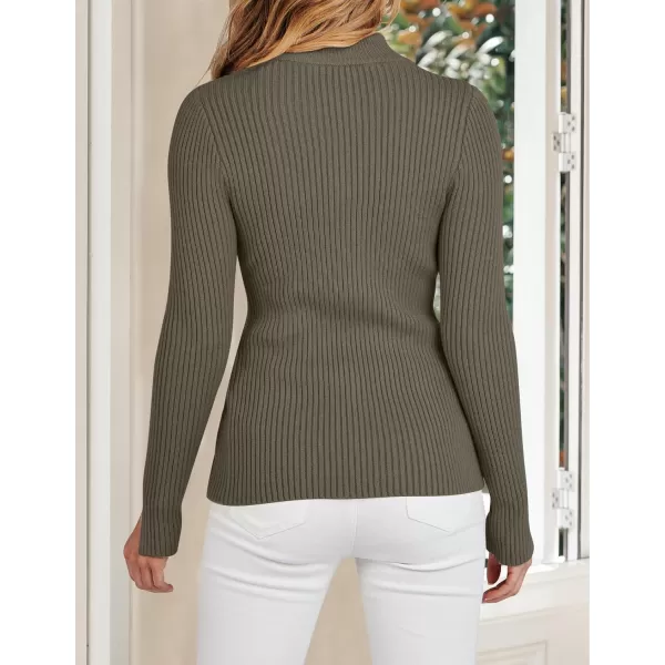 imageZESICA Womens Zip Up Sweater 2023 Long Sleeve V Neck Shirt Fall Ribbed Knit Slim Fitted Casual TopsTaupe
