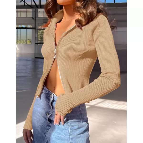 imageZESICA Womens Zip Up Sweater 2023 Long Sleeve V Neck Shirt Fall Ribbed Knit Slim Fitted Casual TopsToffee