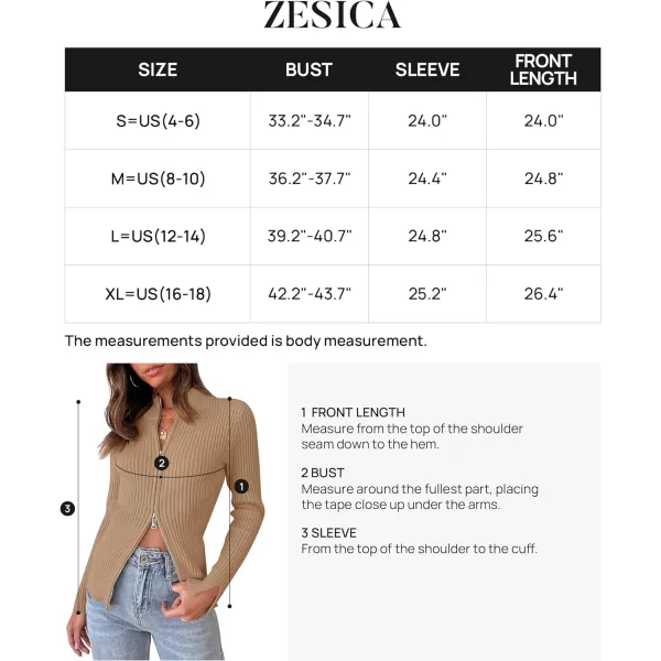 imageZESICA Womens Zip Up Sweater 2023 Long Sleeve V Neck Shirt Fall Ribbed Knit Slim Fitted Casual TopsToffee