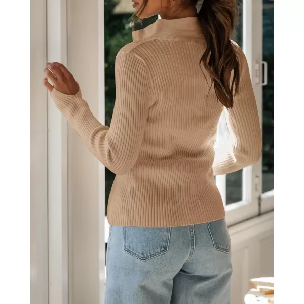 imageZESICA Womens Zip Up Sweater 2023 Long Sleeve V Neck Shirt Fall Ribbed Knit Slim Fitted Casual TopsToffee