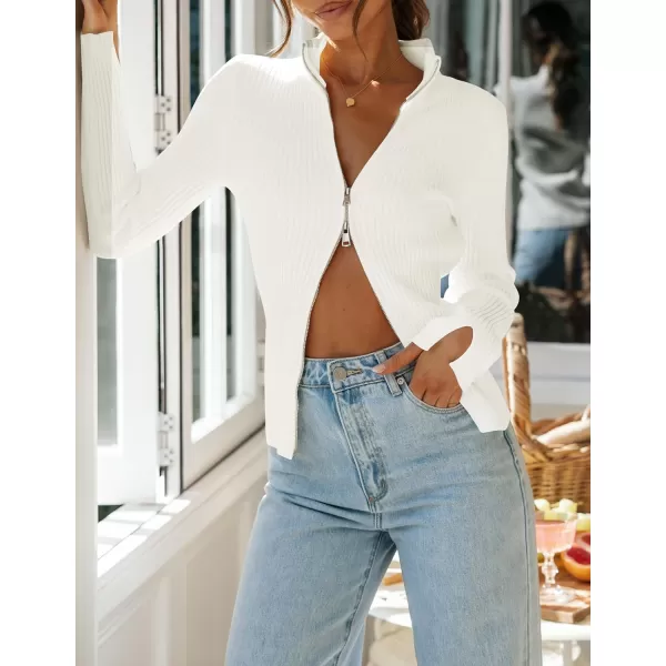 imageZESICA Womens Zip Up Sweater 2023 Long Sleeve V Neck Shirt Fall Ribbed Knit Slim Fitted Casual TopsWhite