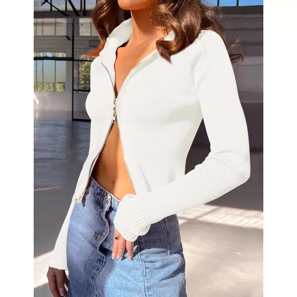 imageZESICA Womens Zip Up Sweater 2023 Long Sleeve V Neck Shirt Fall Ribbed Knit Slim Fitted Casual TopsWhite