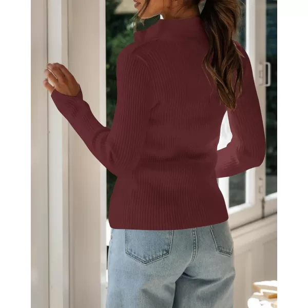 imageZESICA Womens Zip Up Sweater 2023 Long Sleeve V Neck Shirt Fall Ribbed Knit Slim Fitted Casual TopsWine