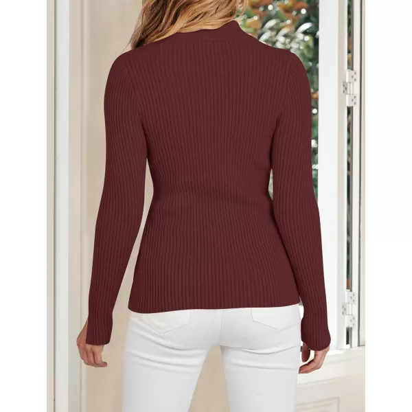 imageZESICA Womens Zip Up Sweater 2023 Long Sleeve V Neck Shirt Fall Ribbed Knit Slim Fitted Casual TopsWine