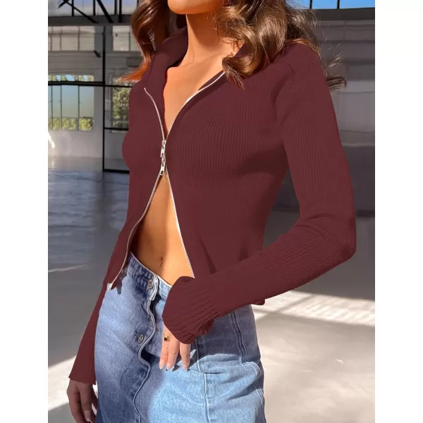 imageZESICA Womens Zip Up Sweater 2023 Long Sleeve V Neck Shirt Fall Ribbed Knit Slim Fitted Casual TopsWine