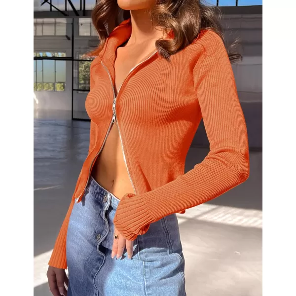 imageZESICA Womens Zip Up Sweater 2024 Long Sleeve V Neck Shirt Fall Ribbed Knit Slim Fitted Casual TopsOrange