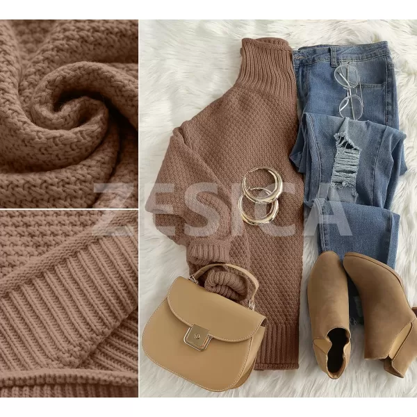imageZESICAnbspWomens 2024 Fall Long Sleeve Turtleneck Casual Loose Chunky Knitted Pullover Sweater Jumper TopsBrown