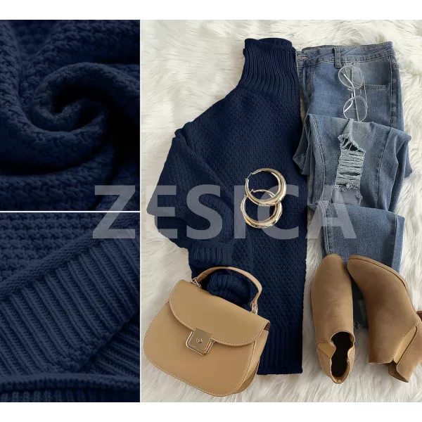 imageZESICAnbspWomens 2024 Fall Long Sleeve Turtleneck Casual Loose Chunky Knitted Pullover Sweater Jumper TopsNavy