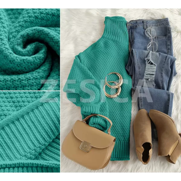 imageZESICAnbspWomens 2024 Fall Long Sleeve Turtleneck Casual Loose Chunky Knitted Pullover Sweater Jumper TopsPeacock