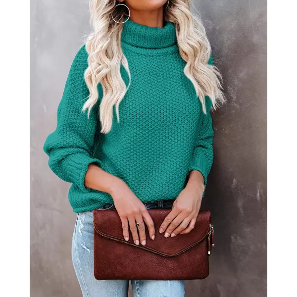 imageZESICAnbspWomens 2024 Fall Long Sleeve Turtleneck Casual Loose Chunky Knitted Pullover Sweater Jumper TopsPeacock