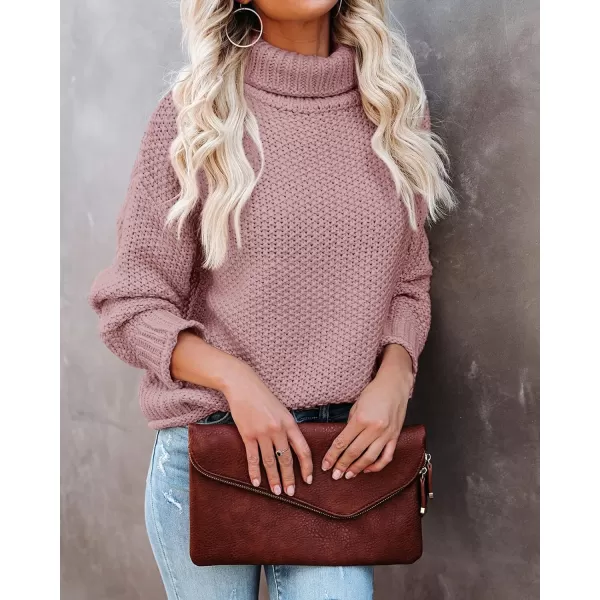 imageZESICAnbspWomens 2024 Fall Long Sleeve Turtleneck Casual Loose Chunky Knitted Pullover Sweater Jumper TopsPink