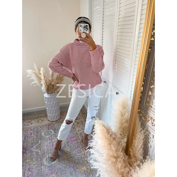 imageZESICAnbspWomens 2024 Fall Long Sleeve Turtleneck Casual Loose Chunky Knitted Pullover Sweater Jumper TopsPink
