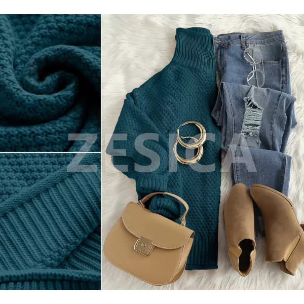 imageZESICAnbspWomens 2024 Fall Long Sleeve Turtleneck Casual Loose Chunky Knitted Pullover Sweater Jumper TopsTeal