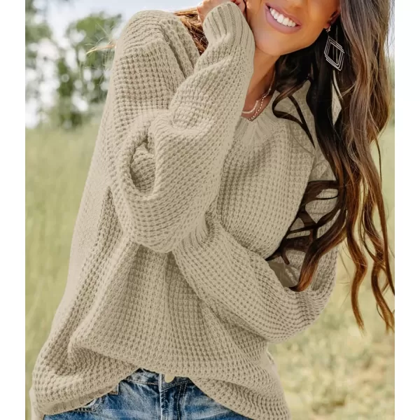 imageZESICAnbspWomens 2024nbspFall Long Sleeve Crew Neck Waffle Knit Casual Loose Oversized Pullover Sweater Jumper TopsAlmond