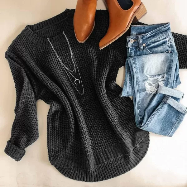 imageZESICAnbspWomens 2024nbspFall Long Sleeve Crew Neck Waffle Knit Casual Loose Oversized Pullover Sweater Jumper TopsBlack