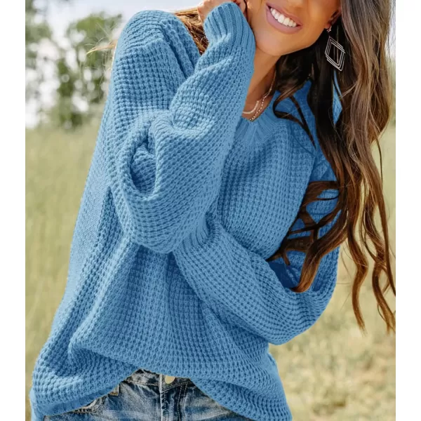 imageZESICAnbspWomens 2024nbspFall Long Sleeve Crew Neck Waffle Knit Casual Loose Oversized Pullover Sweater Jumper TopsBlue