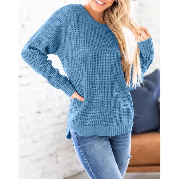 imageZESICAnbspWomens 2024nbspFall Long Sleeve Crew Neck Waffle Knit Casual Loose Oversized Pullover Sweater Jumper TopsBlue