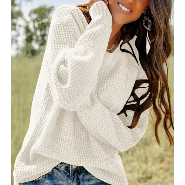 imageZESICAnbspWomens 2024nbspFall Long Sleeve Crew Neck Waffle Knit Casual Loose Oversized Pullover Sweater Jumper TopsCream