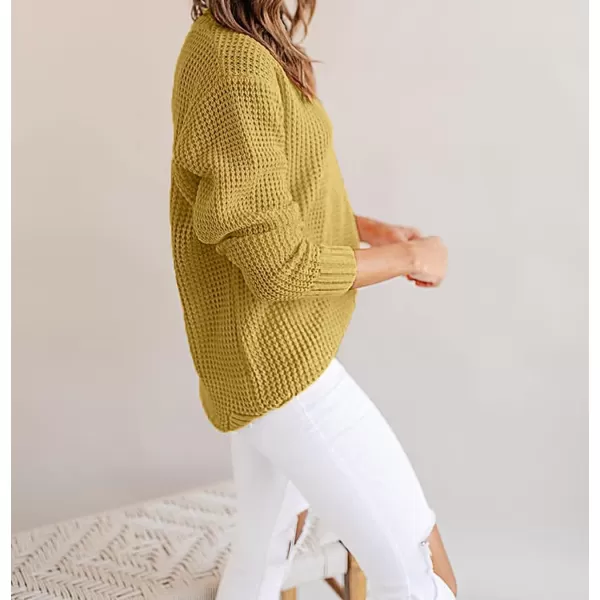 imageZESICAnbspWomens 2024nbspFall Long Sleeve Crew Neck Waffle Knit Casual Loose Oversized Pullover Sweater Jumper TopsMustard