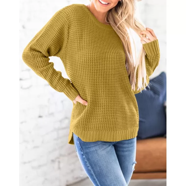 imageZESICAnbspWomens 2024nbspFall Long Sleeve Crew Neck Waffle Knit Casual Loose Oversized Pullover Sweater Jumper TopsMustard