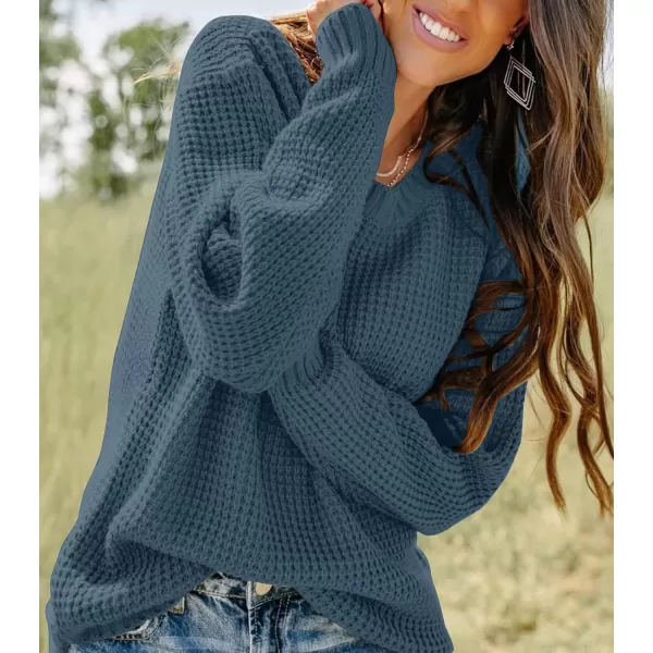 imageZESICAnbspWomens 2024nbspFall Long Sleeve Crew Neck Waffle Knit Casual Loose Oversized Pullover Sweater Jumper TopsNavy