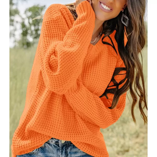 imageZESICAnbspWomens 2024nbspFall Long Sleeve Crew Neck Waffle Knit Casual Loose Oversized Pullover Sweater Jumper TopsOrange