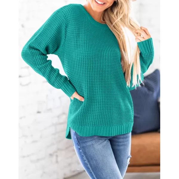 imageZESICAnbspWomens 2024nbspFall Long Sleeve Crew Neck Waffle Knit Casual Loose Oversized Pullover Sweater Jumper TopsPeacock