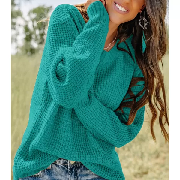 imageZESICAnbspWomens 2024nbspFall Long Sleeve Crew Neck Waffle Knit Casual Loose Oversized Pullover Sweater Jumper TopsPeacock