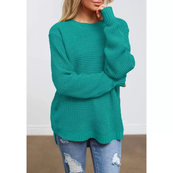 imageZESICAnbspWomens 2024nbspFall Long Sleeve Crew Neck Waffle Knit Casual Loose Oversized Pullover Sweater Jumper TopsPeacock