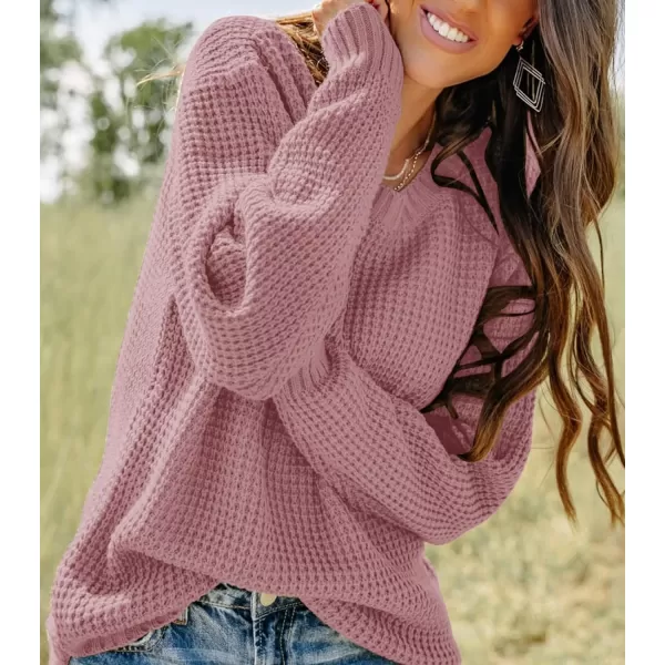 imageZESICAnbspWomens 2024nbspFall Long Sleeve Crew Neck Waffle Knit Casual Loose Oversized Pullover Sweater Jumper TopsPink